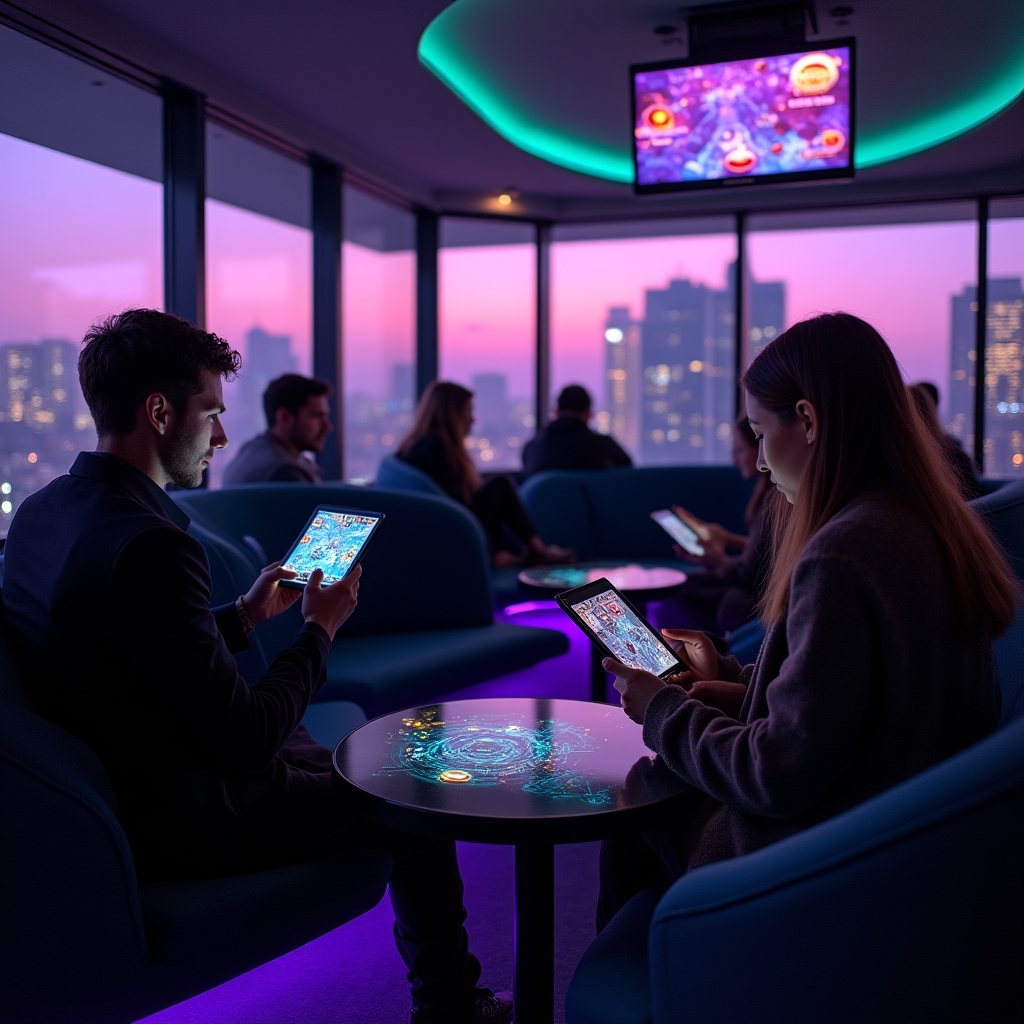 Modern dark gaming lounge with ambient lighting representing Neon Harbour entertainment atmosphere